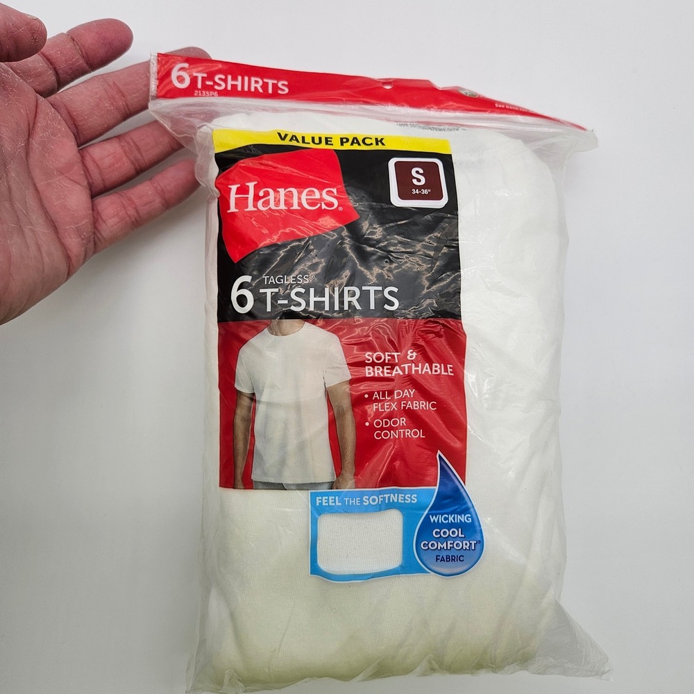 Hanes Mens 6 Pack‎ White Tagless T Shirts Size S Soft Breathable Value Pack